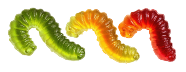 Three translucent gelatinous worms, gradient colors of green, orange, and red, curving against black backdrop