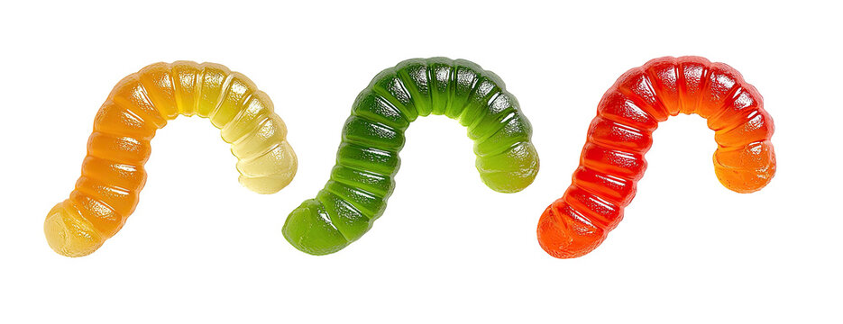 Three wiggly, colorful gelatin candies, each a different color, isolated against a solid black background