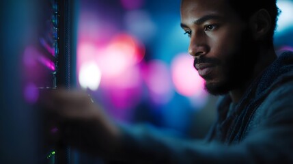 A focused male technician works intently with servers in a modern data center illuminated by colorful blurred lights