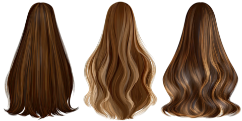 Three styles of long, flowing, layered hair, ranging in shades of brown and blonde, isolated on black