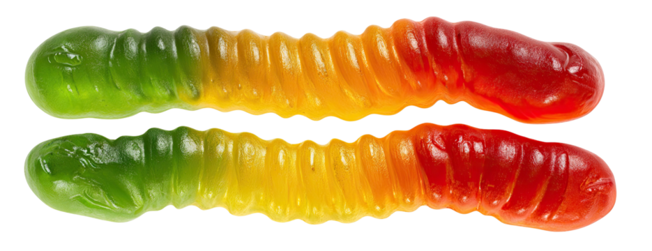 A pair of colorful, segmented, gummy candies shaped like worms, with vibrant color gradients