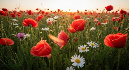 Vibrant Poppy Field in Golden Hour Light with Butterflies Fluttering
