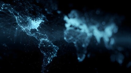 Abstract visualization of a global digital network connecting cities with glowing lights and data streams on a dark background