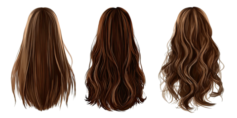 Three stylized illustrations of women's hair from the back, showcasing various lengths and styles