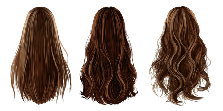 Three stylized illustrations of women's hair from the back, showcasing various lengths and styles