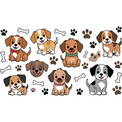 Obraz premium Adorable Puppies with Bones and Paw Prints Vector Illustration
