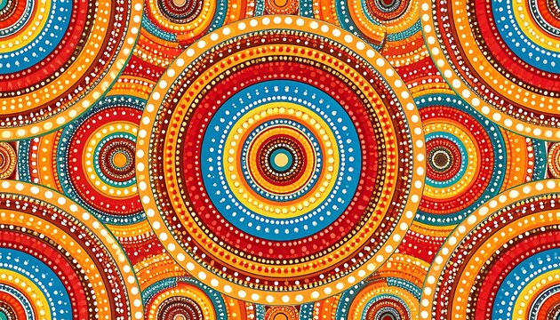 A colorful, repeating pattern of concentric circles. Vibrant hues of red, orange, yellow, blue, and white dots arranged in radial designs - Powered by Adobe
