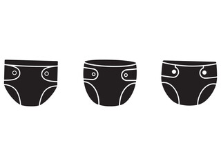 Three Black and White Diaper Icons Representing Baby Care and Parenthood Essentials on a Clean White Background