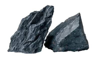 Two rough, dark grey stones with jagged edges, isolated on a transparent background