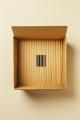 The cardboard package lies open, revealing its inner surfaces and a clear holographic barcode in the center. Natural light creates a soft atmosphere around the package