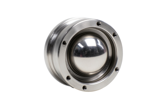 A close-up of a shiny, metallic ball valve component with surrounding metal