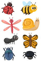Illustration of a collection of cartoon clipart featuring various insects with cute and adorable faces 