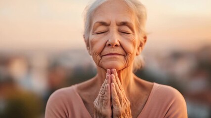 Peaceful elderly woman finds solace in prayer, closing her eyes and joining her hands in a serene gesture against a blurred urban sunset backdrop - Powered by Adobe