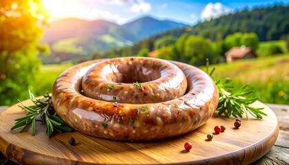 A coil of grilled sausage sits on a wooden cutting board, rosemary sprigs and peppercorns adorn the foreground, with a scenic mountain backdrop