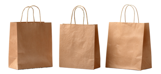 Three rectangular brown paper bags with handles, standing upright against a black background, isolated
