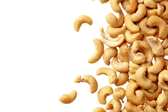 A close-up view of a cascade of roasted, golden cashew nuts, isolated on a black background