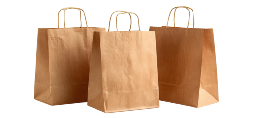 Three rectangular paper bags, with brown handles and body, stand in a row against a black backdrop