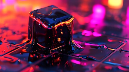 Neon Lit Cube Dissolving Futuristic Digital Concept