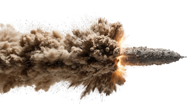 A projectile bursts from a point, leaving a trail of smoke and a brilliant explosion
