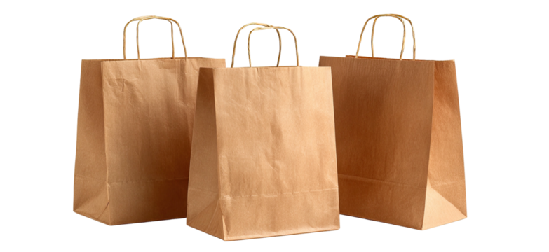 Three rectangular paper bags, with brown handles and body, stand in a row against a black backdrop