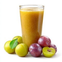 A refreshing plum smoothie in a tall glass, surrounded by fresh plums