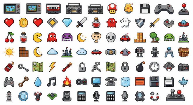 A vibrant collection of retro pixel art icons representing classic video game elements, technology, and everyday objects