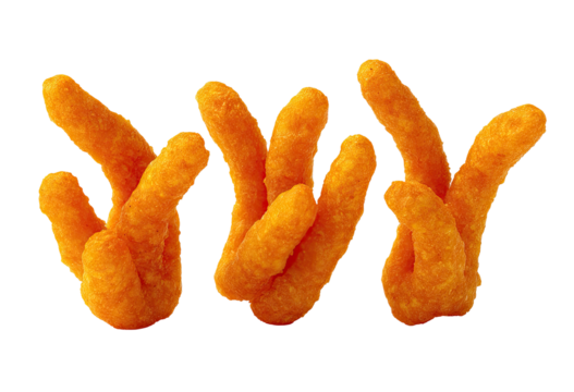 Three bright orange, cheesy snacks arranged against a stark black background