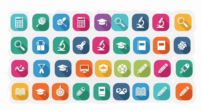 Set of colorful flat design long shadow icons representing various educational and scientific concepts for web and mobile applications