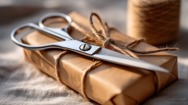 Rustic wrapped package with scissors and twine