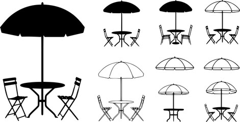 patio table with umbrella cafe chair table umbrela set set of silhouette. patio table with umbrella cafe chair table umbrela set icon set vector on white background