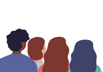 Four diverse people seen from behind, looking forward, showcasing community and social gathering with minimalist design.