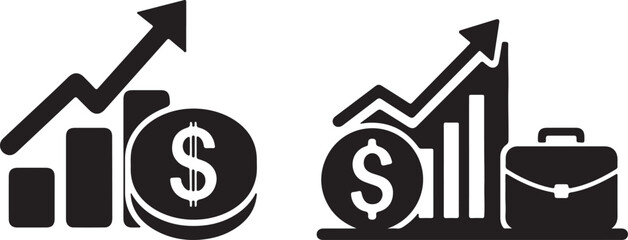 Two black and white vector icons are presented side-by-side on a white background, symbolizing business growth and finance.