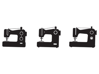 Three Sewing Machines Black Silhouettes on White Background for Tailoring Concepts and Crafting Enthusiasts Creative Projects