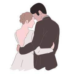 Romantic wedding couple illustration in elegant poses wearing suit and white dress