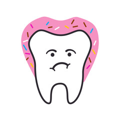 A tooth with a sad expression, surrounded by a pink, sprinkled donut used to represent the concept of 