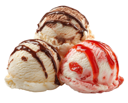 Close-up view of three scoops of ice cream with chocolate & strawberry topping