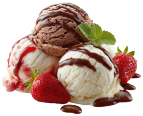 A vibrant, appealing scoop of vanilla, chocolate, and strawberry ice cream, drizzled with syrup