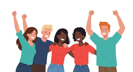 Fototapeta premium Diverse Group of Young Adults Celebrating with Raised Fists and Smiles