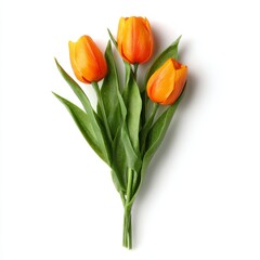 A vibrant bouquet of three orange tulips, arranged with lush green leaves. This close-up shot highlights the delicate petals and fresh, lively look