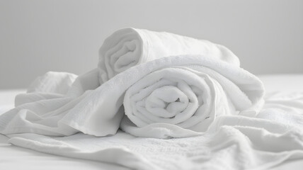 White towel on the bed in the bedroom interior, stack of white towels