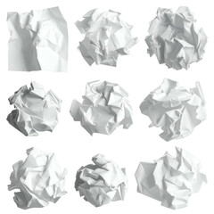 Obraz premium Nine isolated crumpled white paper balls, some intact, on a black background