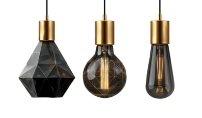 Three modern, pendant lights with gold accents and stylized bulbs against a black background