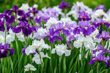 Stunning Patch of Purple and White Irises Perfect for Nature Lovers and Floral Decor