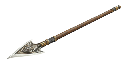 Ornate spear; metallic head, wooden shaft, detailed windings, sharp