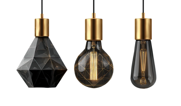 Three modern, pendant lights with gold accents and stylized bulbs against a black background