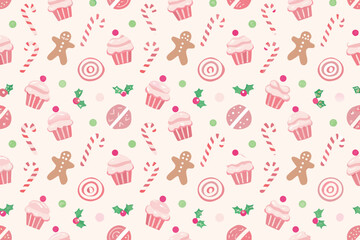 Seamless pattern of cute gingerbread cookies and cupcakes with festive accents