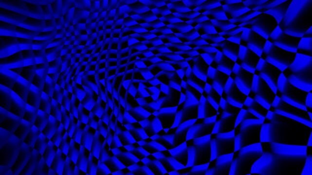 Abstract blue wavy checkerboard background with glowing motion pattern and optical illusion