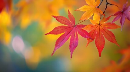 Fototapeta premium Vibrant Autumn Maple Leaves Displaying Rich Textures and Colors on Blurred Background
