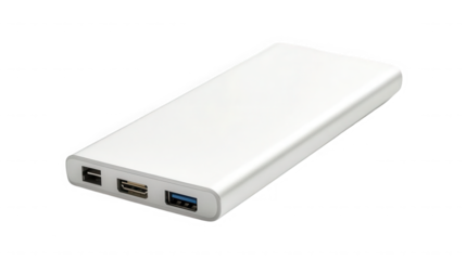 A white power bank with multiple ports  providing portable charging solution on transparent background