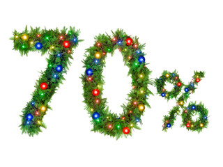 A festive 70 percent sign is formed by Christmas decorations.